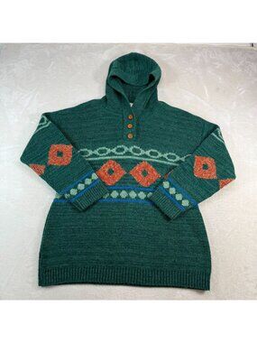 Vintage Sabra Wintuk Knit Hooded Sweater Geometric Green Button Pullover Medium
